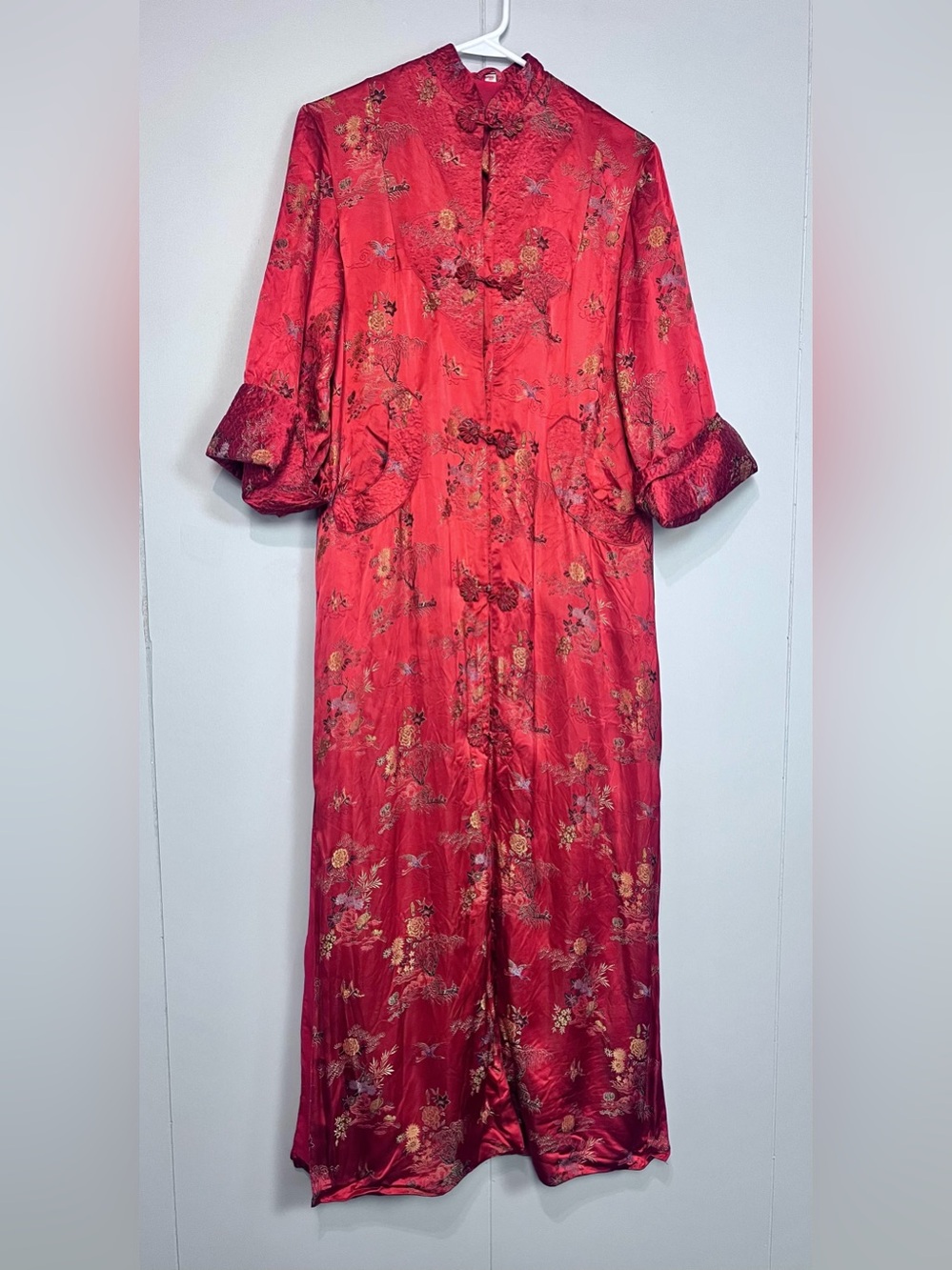 Vintage Red Asian Brocade Satin Robe Jacket, Mandarin Collar, Frog Closures